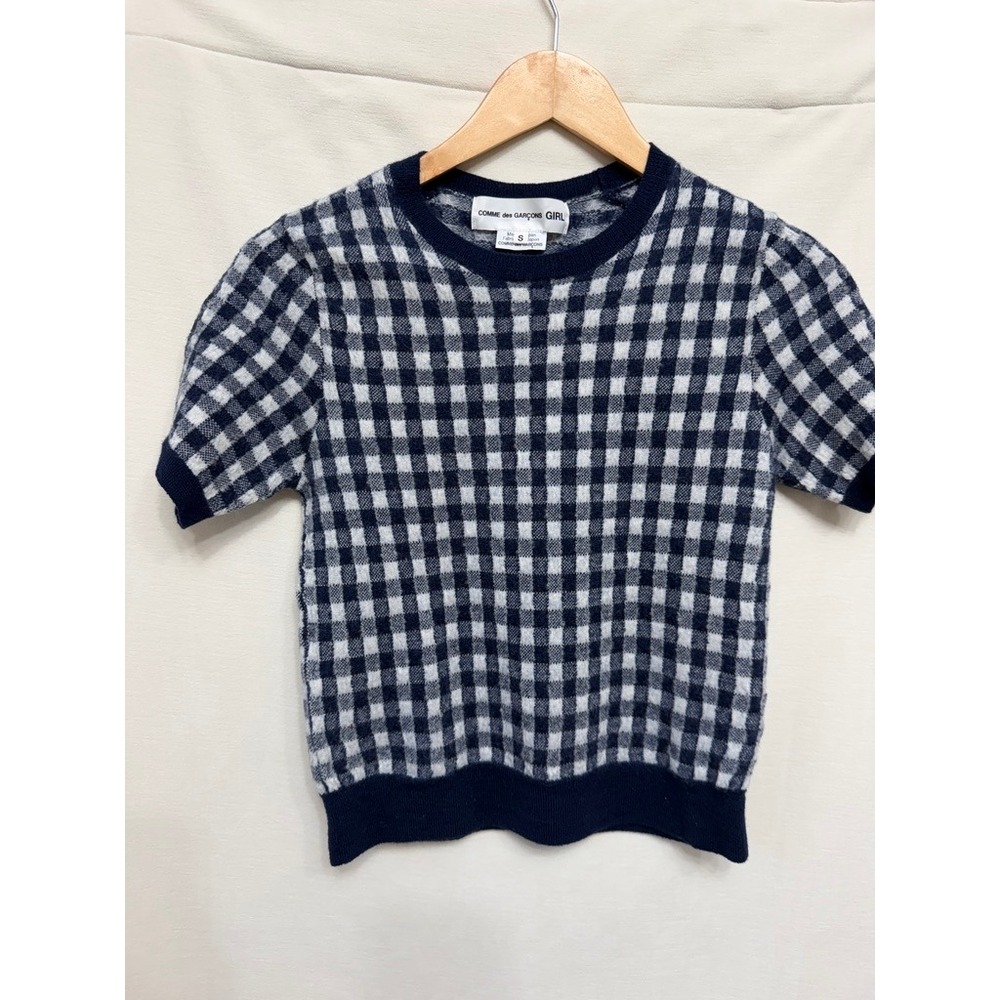 Comme des Garcons Girl Navy Gingham Checked 100% Wool Puff Sleeve Sweater S